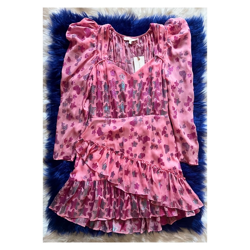 New! LoveShackFancy Caden Metallic Star Silk Dress in Pink - Picture 6 of 14